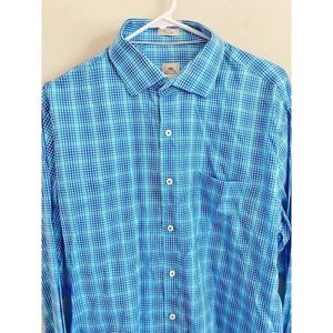 Peter Millar Mens Large Light Dark Blue Plaid LS Button Up Dress Shirt Cuff Logo